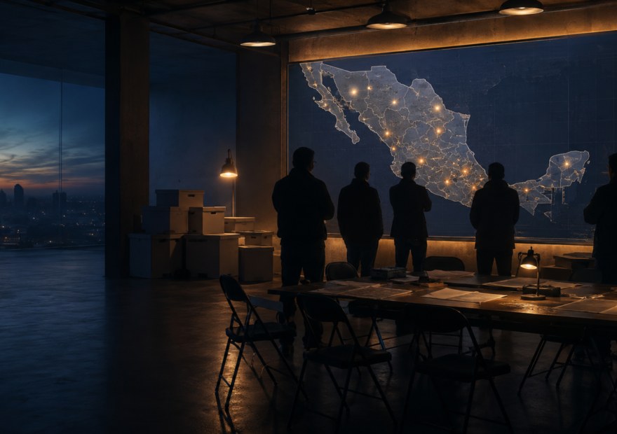 Sala de estrategia electoral con figuras en silueta frente a un mapa iluminado de México, imagen editorial sobre las elecciones de 2027.