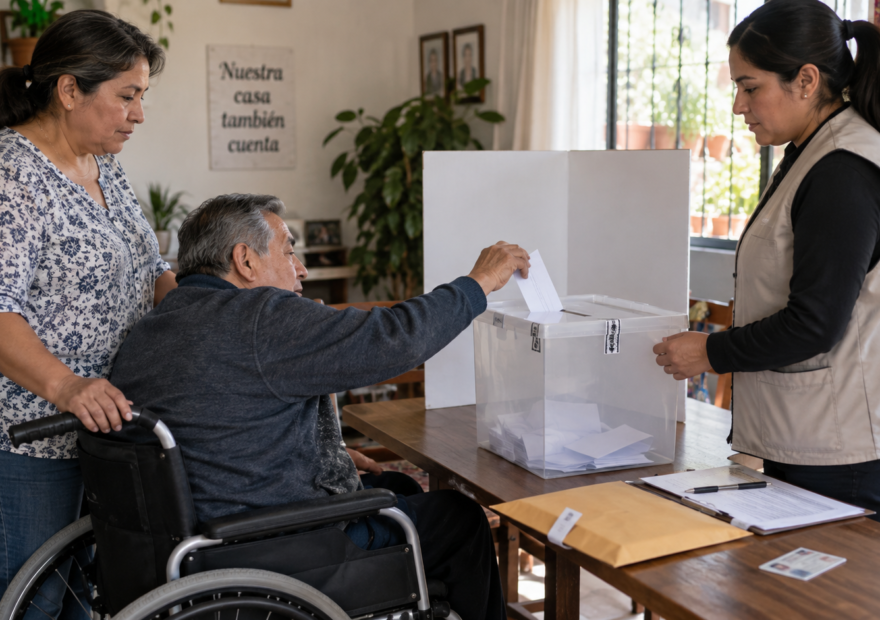 Persona deposita una boleta en un sobre durante una jornada de voto anticipado simulada; ilustración conceptual.