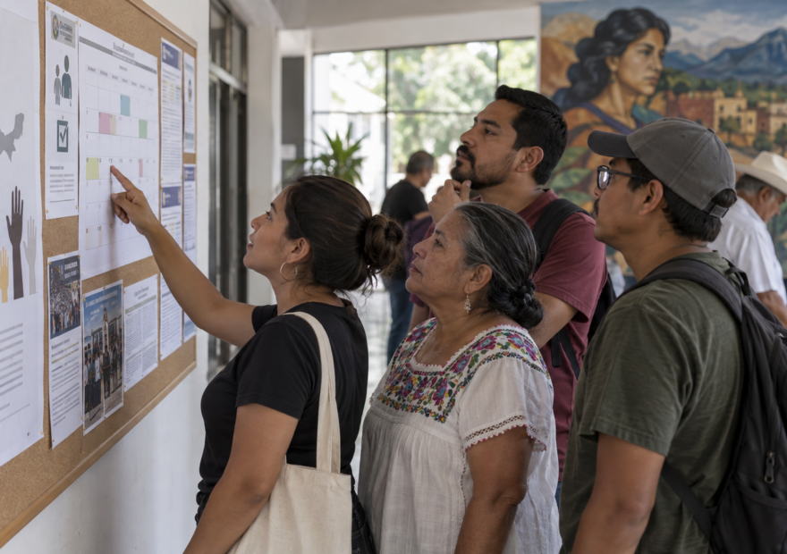 Persona organiza ingredientes y un menú semanal en una cocina mexicana luminosa.