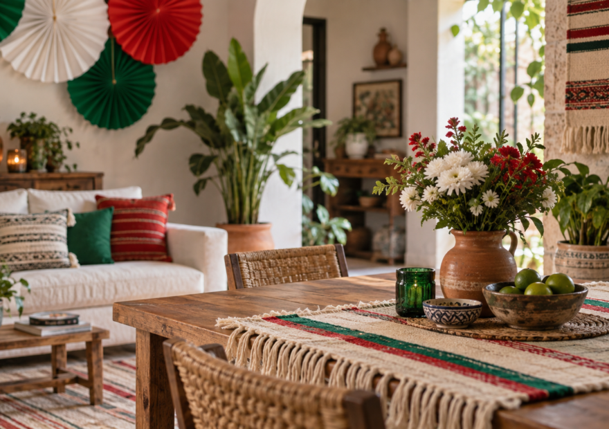 Decoración mexicana sostenible en un hogar durante fiestas patrias