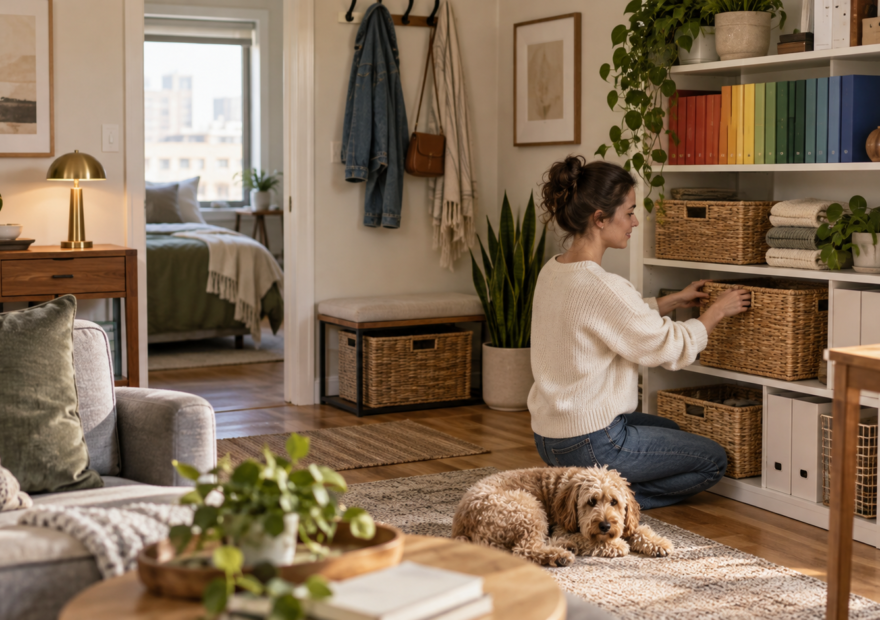 Hogar urbano pequeño organizado con soluciones de almacenamiento