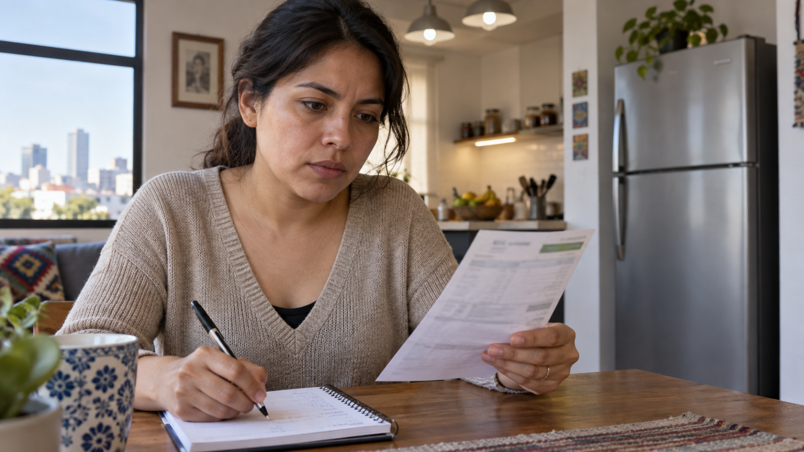 Una persona compara dos recibos de electricidad mientras revisa los aparatos conectados en casa.