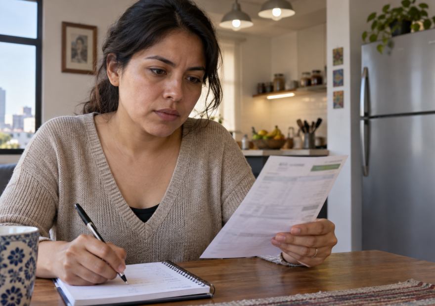 Una persona compara dos recibos de electricidad mientras revisa los aparatos conectados en casa.