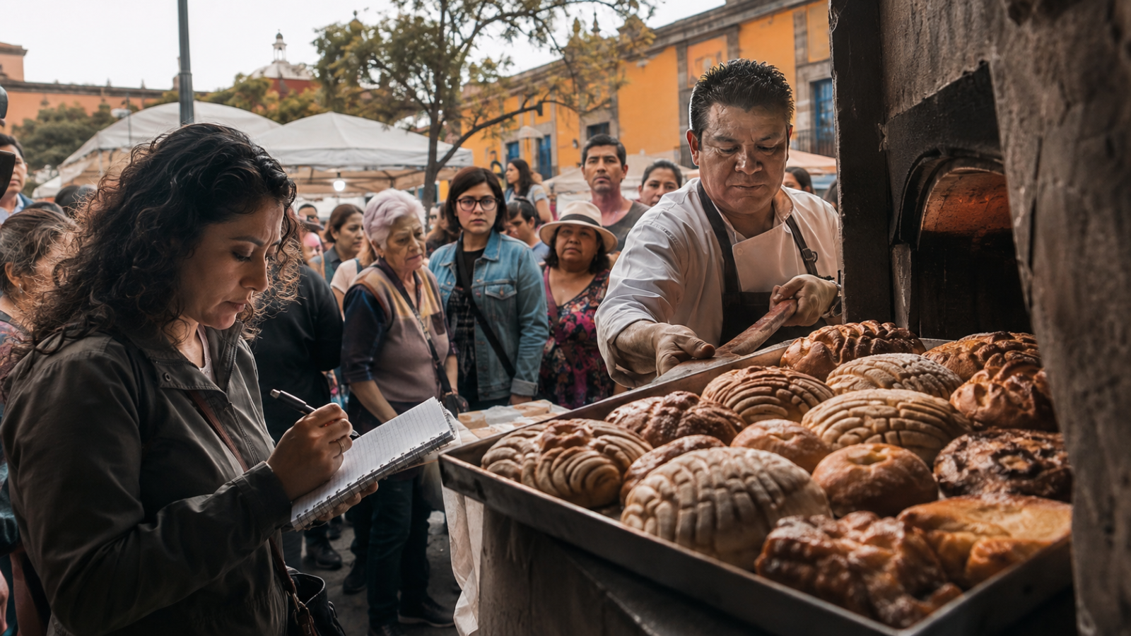Personas observan una charola de pan dulce recién horneado en una feria gastronómica de Coyoacán, con panaderos y visitantes en una escena documental mexicana.