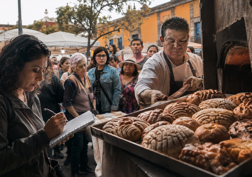 Personas observan una charola de pan dulce recién horneado en una feria gastronómica de Coyoacán, con panaderos y visitantes en una escena documental mexicana.
