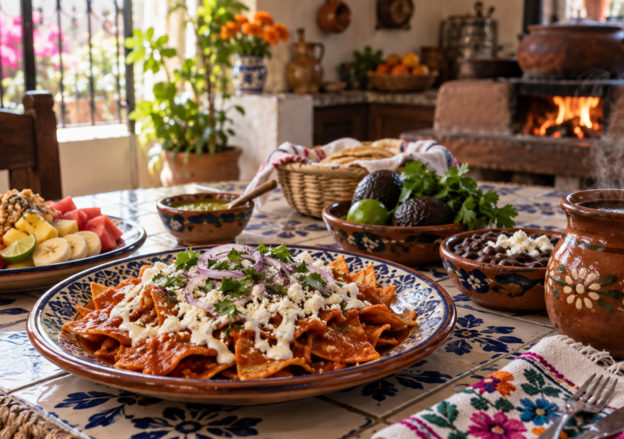 Desayuno mexicano de temporada servido en vajilla tradicional