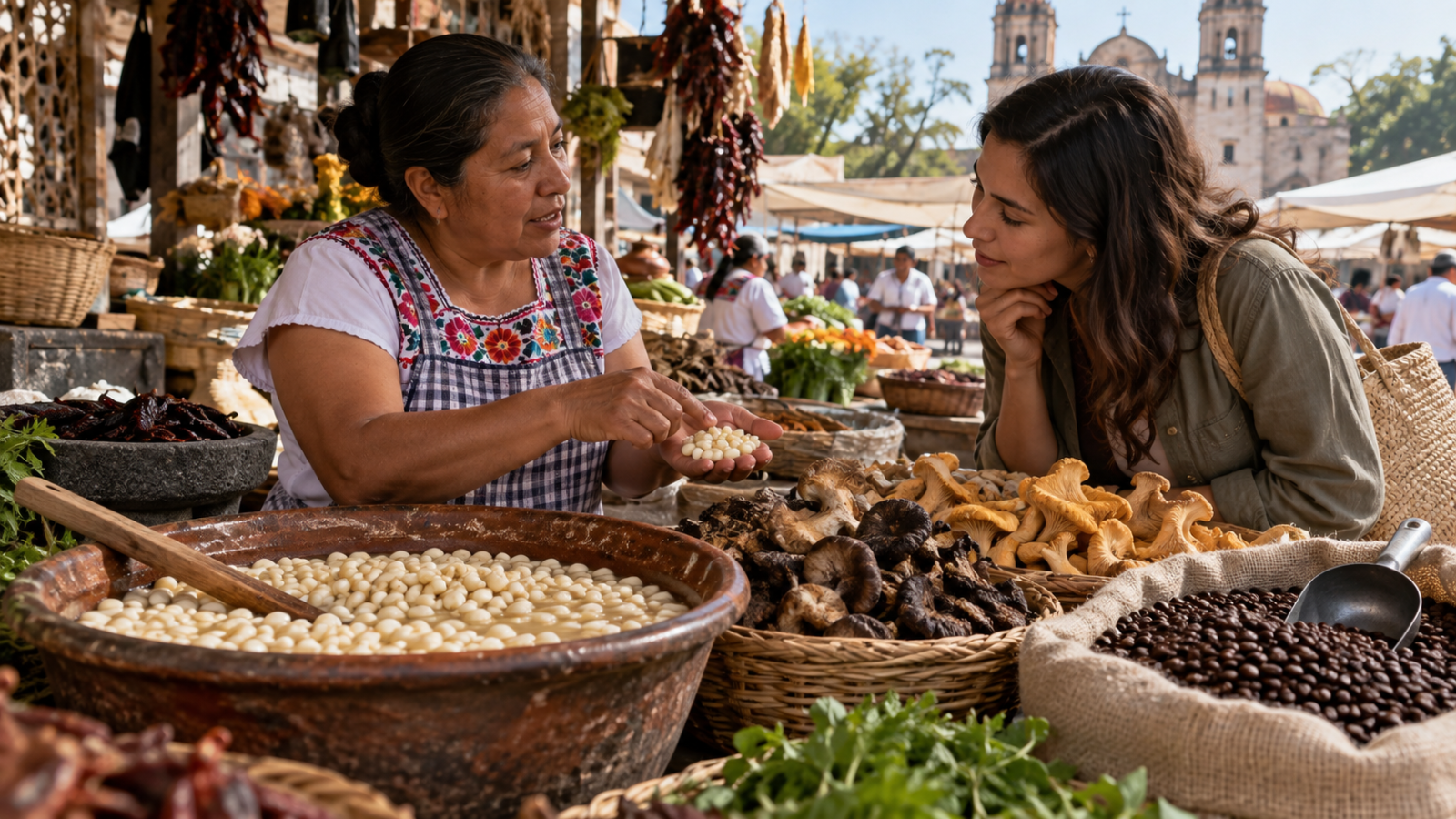 Granos de café mexicano, molino y taza servida junto a una etiqueta de origen.