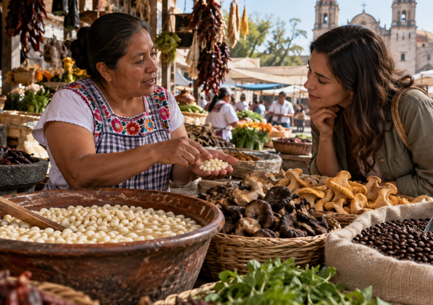 Granos de café mexicano, molino y taza servida junto a una etiqueta de origen.