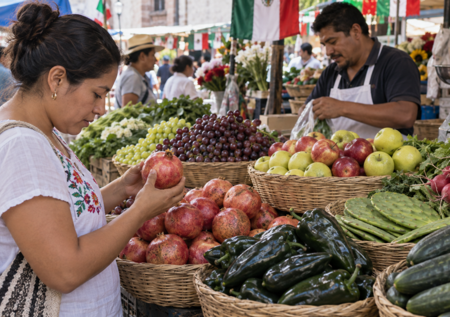 Compradora selecciona granadas, nopales, chiles poblanos y otras frutas y verduras en un mercado.