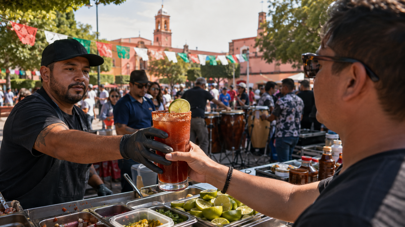 Vendedor entrega una michelada escarchada a un visitante mientras se preparan puestos de comida y músicos en una plaza de Villagrán.