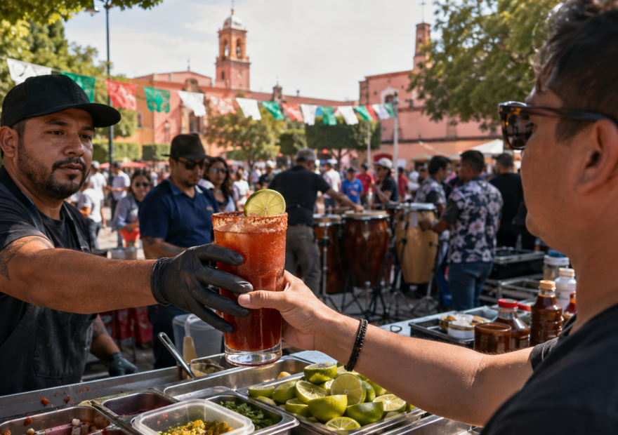 Vendedor entrega una michelada escarchada a un visitante mientras se preparan puestos de comida y músicos en una plaza de Villagrán.