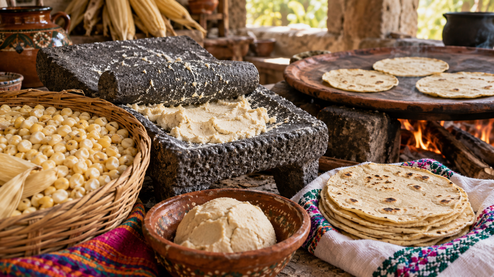 Maíz nixtamalizado y utensilios tradicionales de cocina mexicana