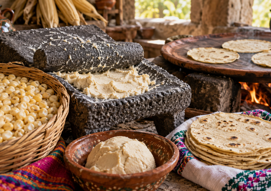 Maíz nixtamalizado y utensilios tradicionales de cocina mexicana