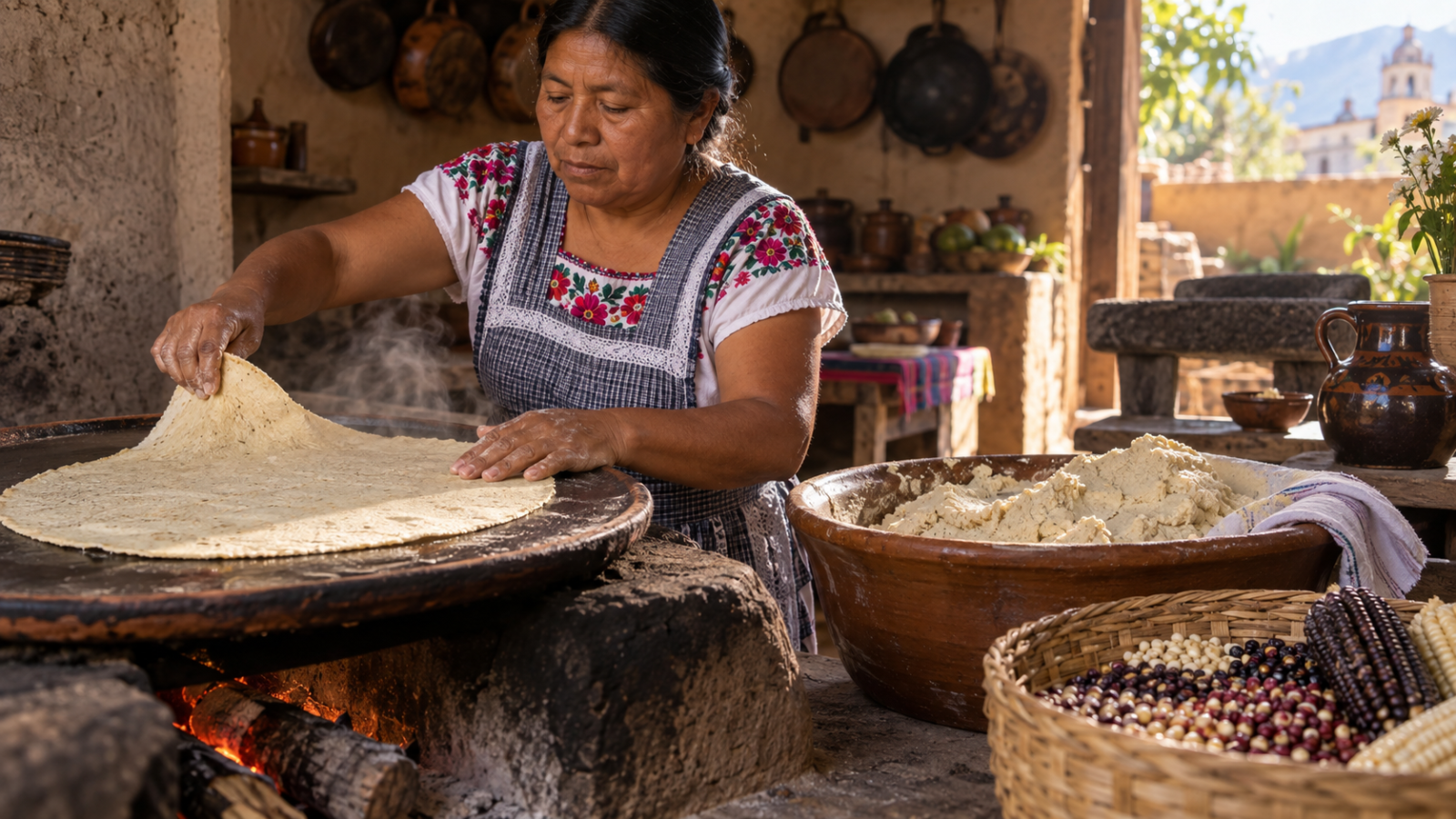Cocinera prepara una tlayuda de maíz en un comal mientras trabaja la masa de nixtamal.