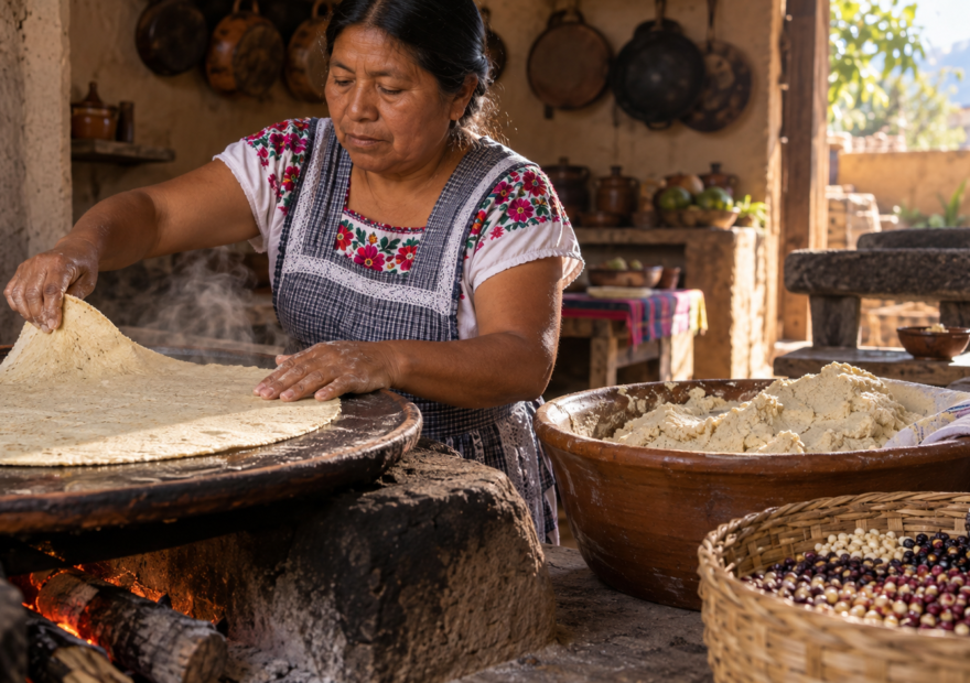 Cocinera prepara una tlayuda de maíz en un comal mientras trabaja la masa de nixtamal.