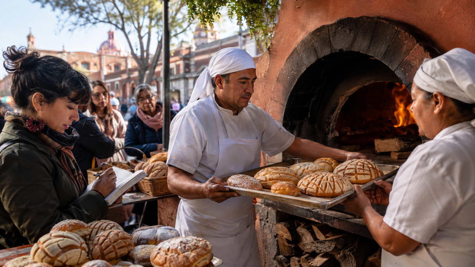 Personas frente a un horno de panadería en una feria urbana de Coyoacán, con una charola de panes recién horneados a punto de salir y público observando.