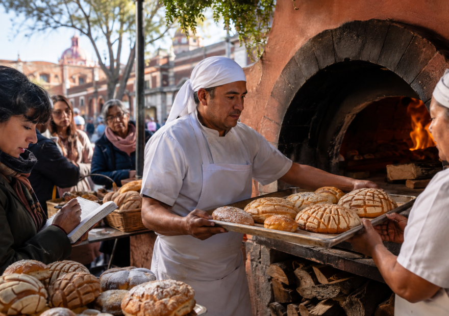 Personas frente a un horno de panadería en una feria urbana de Coyoacán, con una charola de panes recién horneados a punto de salir y público observando.