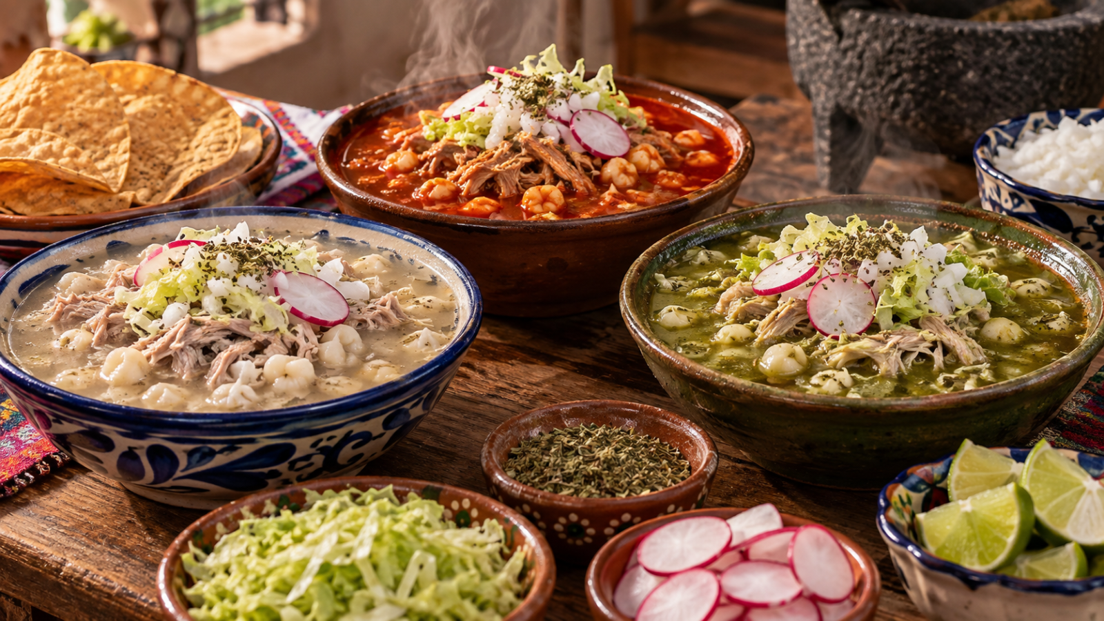 Tres tazones de pozole blanco, rojo y verde con guarniciones al centro de una mesa mexicana.