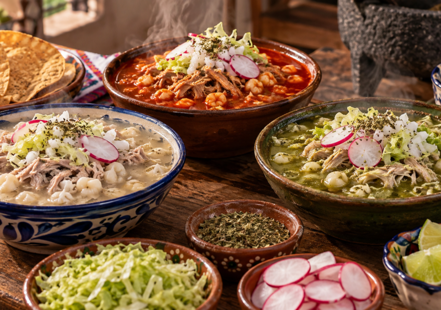 Tres tazones de pozole blanco, rojo y verde con guarniciones al centro de una mesa mexicana.