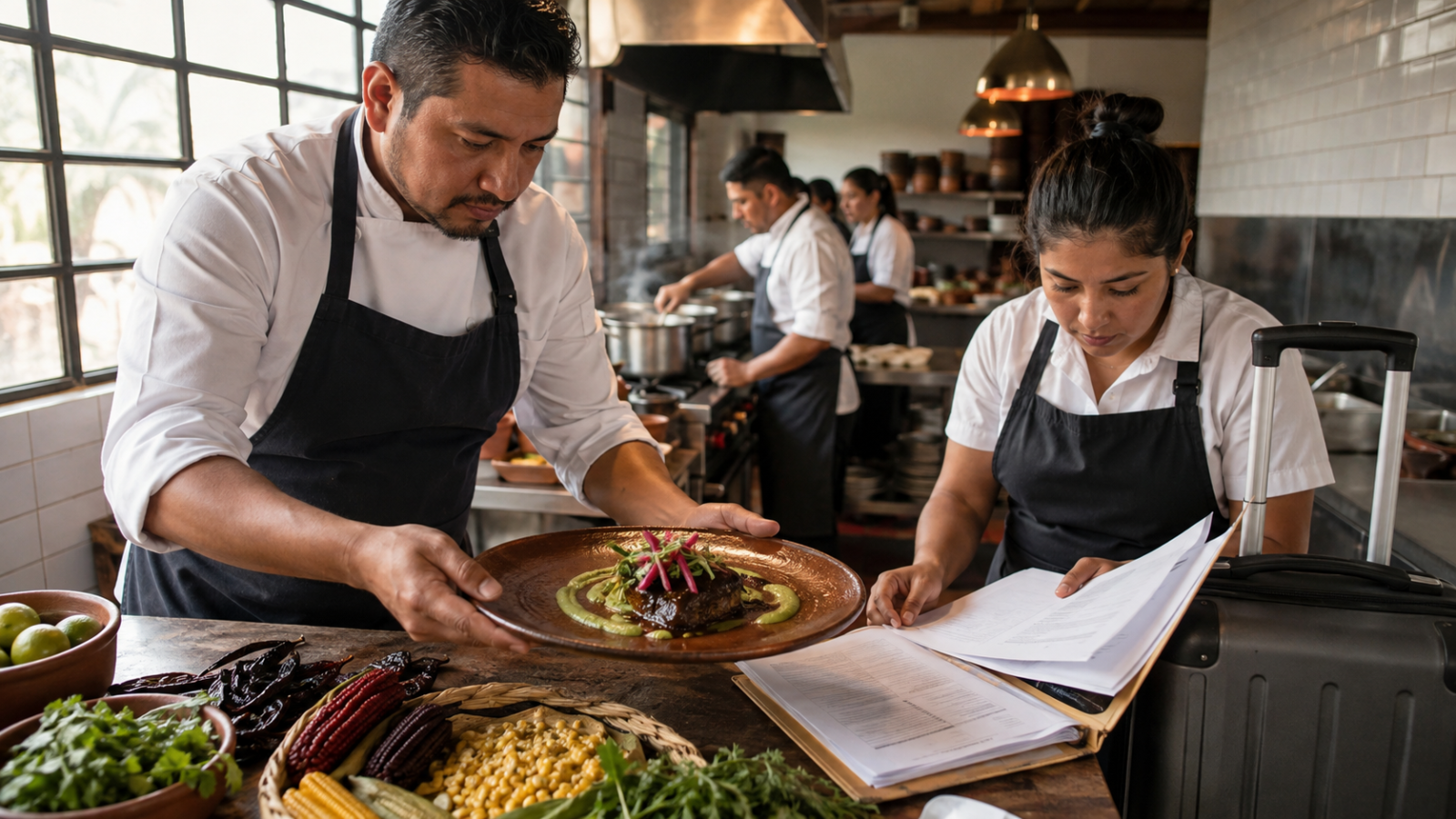 Chef y brigada de un restaurante mexiquense revisan documentos mientras presentan un platillo mexicano y preparan una maleta para viajar a París.