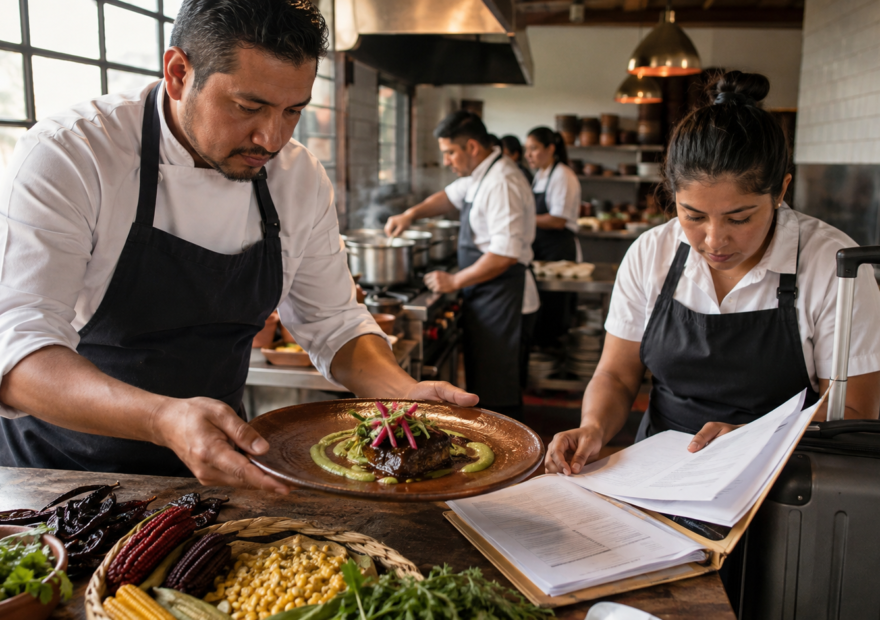 Chef y brigada de un restaurante mexiquense revisan documentos mientras presentan un platillo mexicano y preparan una maleta para viajar a París.