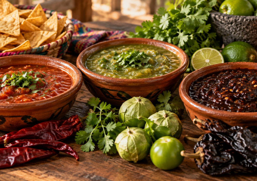 Salsas mexicanas de distintos colores y texturas en mesa de barro