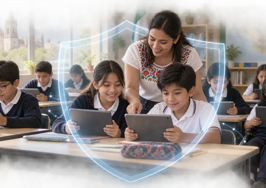 Aula con docente y herramientas digitales de inteligencia artificial