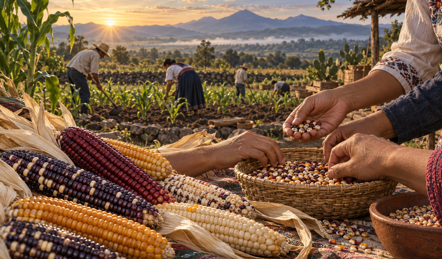 Maíces nativos de distintos colores y manos de una comunidad que seleccionan semillas en una milpa mexicana.