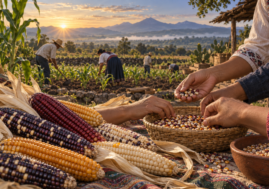 Maíces nativos de distintos colores y manos de una comunidad que seleccionan semillas en una milpa mexicana.