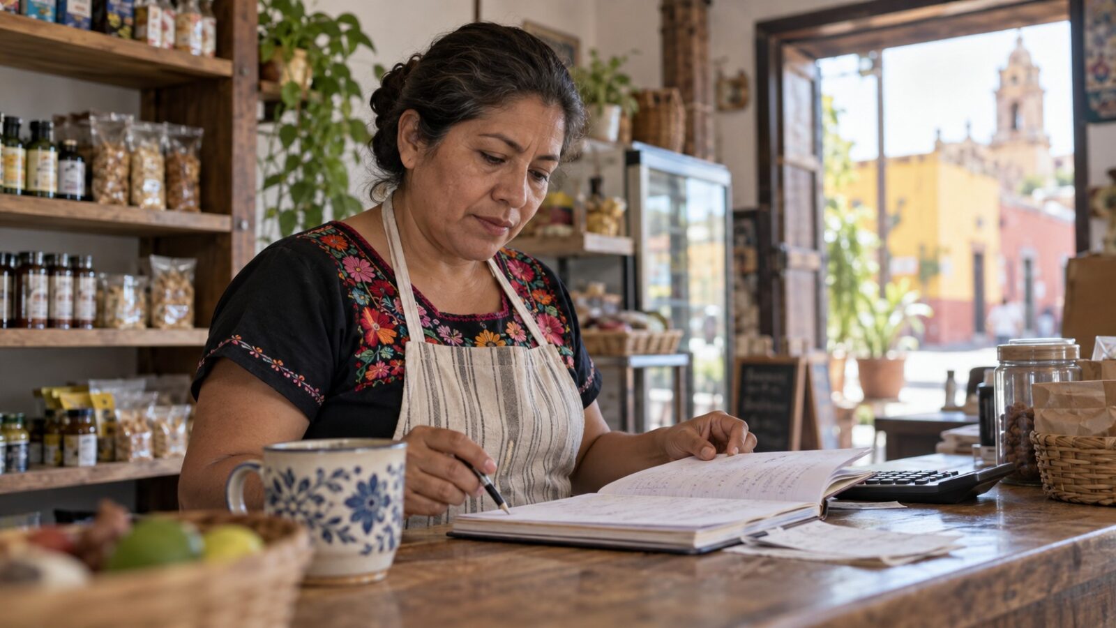 Persona calcula costos fijos y variables de un micro negocio con recibos, inventario y una libreta.