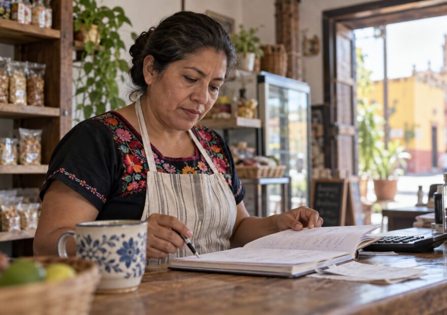 Persona calcula costos fijos y variables de un micro negocio con recibos, inventario y una libreta.