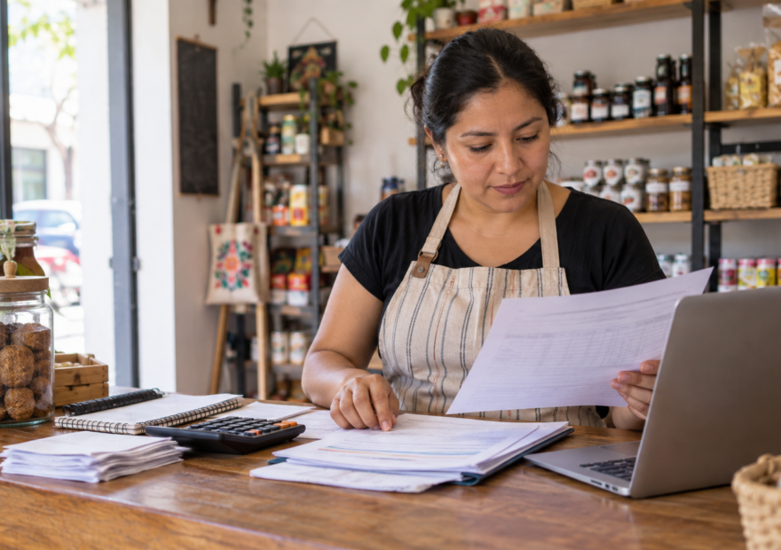 Dueña de una pequeña empresa revisa en una libreta los cobros y pagos de las próximas semanas.