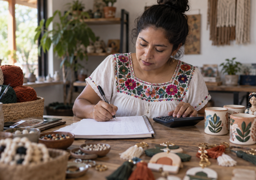 Emprendedora calcula precio y costos por unidad en una libreta junto a productos de su negocio.