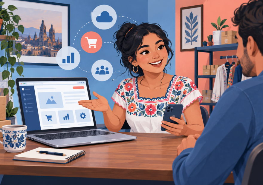 Emprendedor ofreciendo servicios digitales desde una computadora