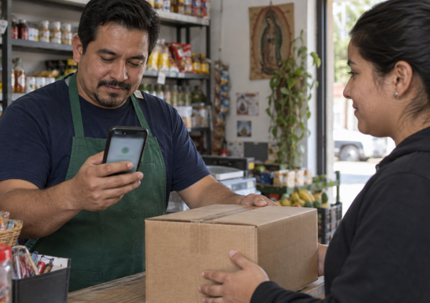 Comerciante confirma un pago en la aplicación bancaria antes de entregar un paquete.