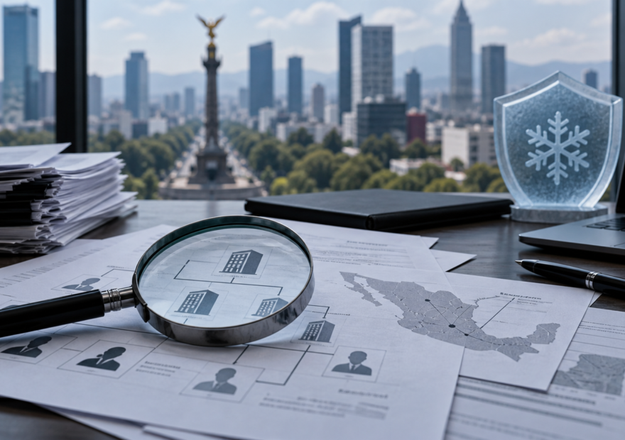 Documentos corporativos y una lupa sobre un registro empresarial, imagen editorial sobre sanciones financieras.