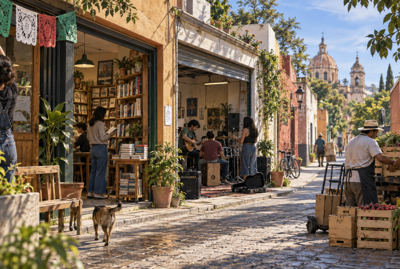 Comercios y proyectos culturales de un barrio mexicano continúan trabajando después de la celebración patria, imagen editorial sobre identidad y economía local.