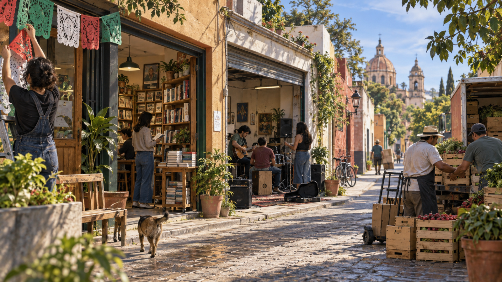 Comercios y proyectos culturales de un barrio mexicano continúan trabajando después de la celebración patria, imagen editorial sobre identidad y economía local.