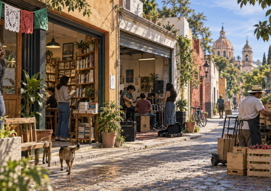 Comercios y proyectos culturales de un barrio mexicano continúan trabajando después de la celebración patria, imagen editorial sobre identidad y economía local.