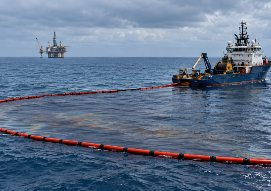 Embarcación y barreras de contención durante una operación de respuesta en el mar