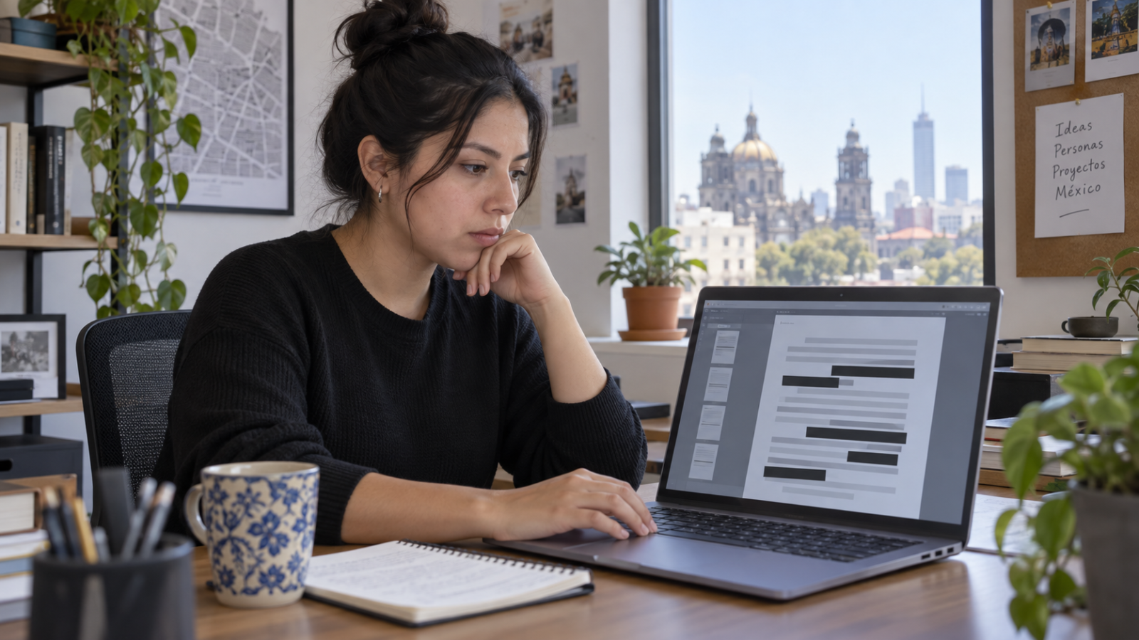 Una profesional revisa documentos con datos personales enmascarados en la pantalla de una laptop.