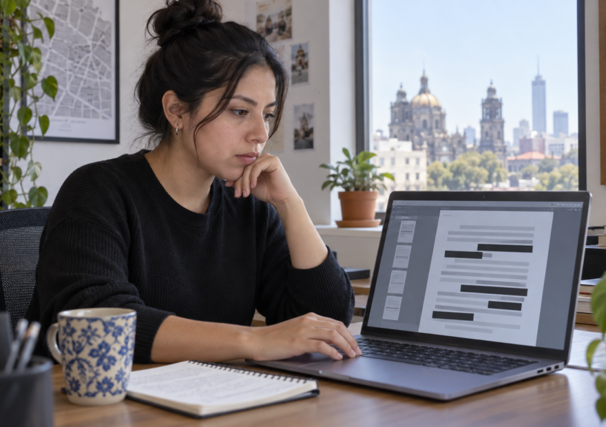 Una profesional revisa documentos con datos personales enmascarados en la pantalla de una laptop.