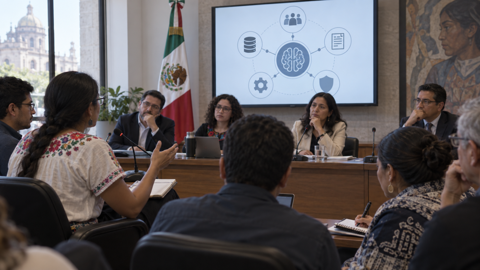 Especialistas y representantes públicos analizan un esquema de inteligencia artificial en una mesa de trabajo.
