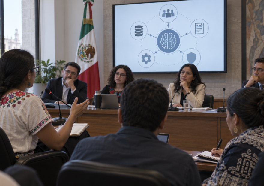 Especialistas y representantes públicos analizan un esquema de inteligencia artificial en una mesa de trabajo.