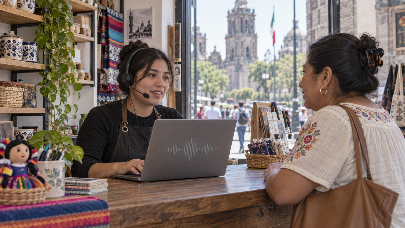 Una trabajadora de atención al cliente conversa con una clienta mientras usa una laptop y audífonos.