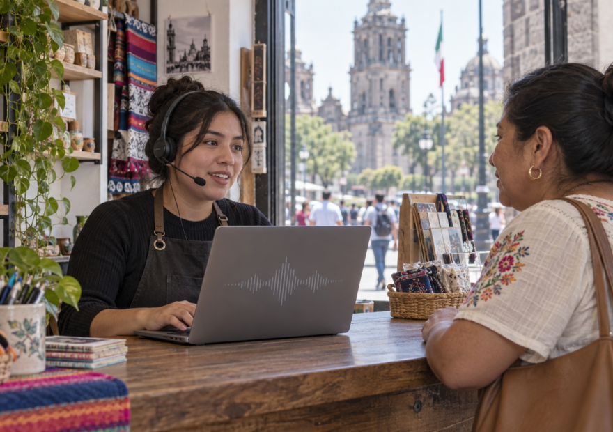 Una trabajadora de atención al cliente conversa con una clienta mientras usa una laptop y audífonos.