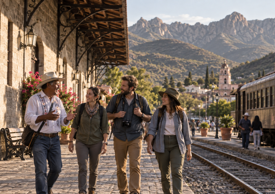 Viajeros recorren un pueblo ferroviario mexicano con estación restaurada y guía local.
