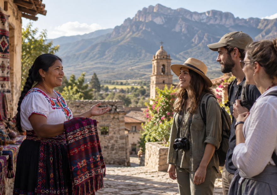 Guía local recibe visitantes en una experiencia de turismo comunitario