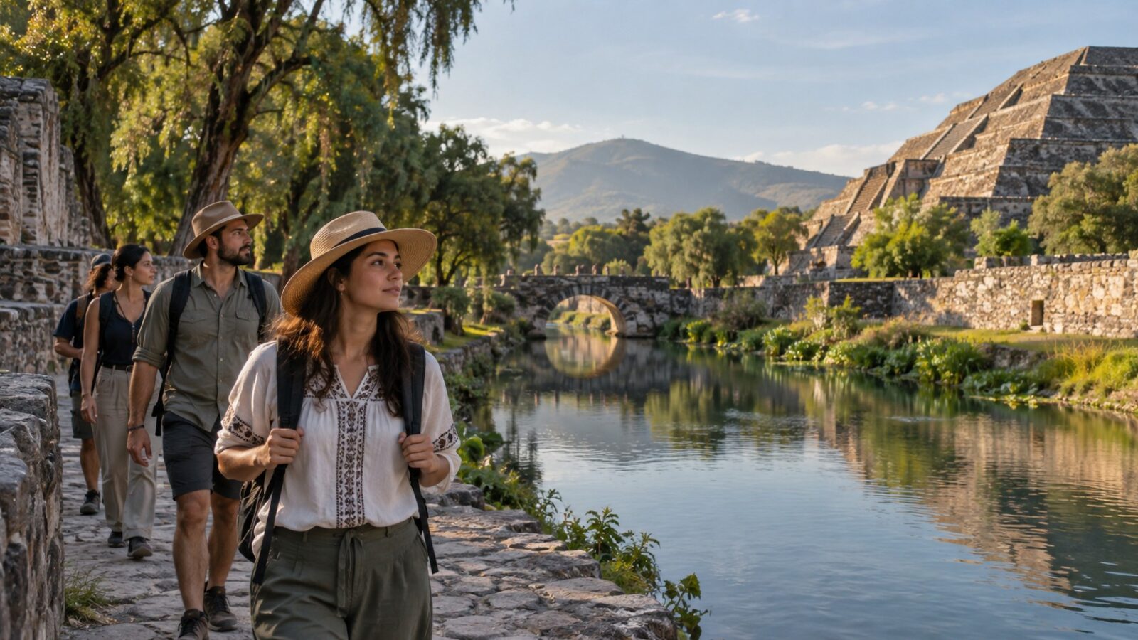 Acueducto histórico mexicano atraviesa un paisaje verde mientras visitantes lo observan desde un sendero.