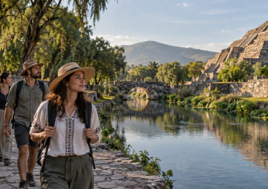 Acueducto histórico mexicano atraviesa un paisaje verde mientras visitantes lo observan desde un sendero.